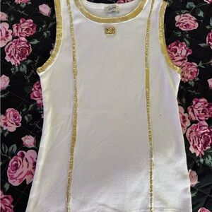 Celine White Ribbed Tank with Gold Trim and Logo Charm